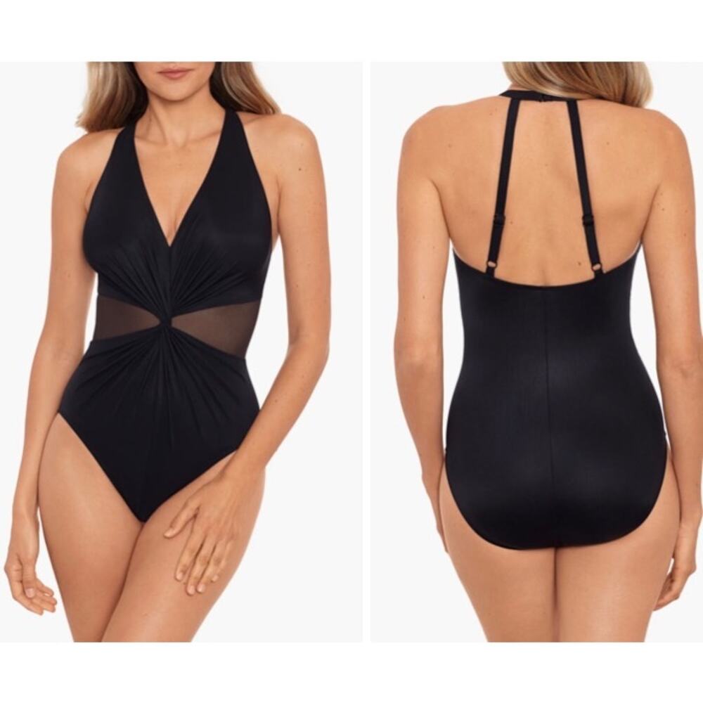 Miraclesuit Illusionist Wrapture One Piece black v neck Swimsuit size 10
